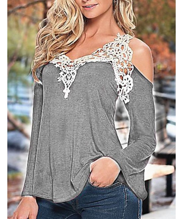 Women's Patchwork Lace Strap Off-The-Shoulder All Match Loose Casual V Neck Long Sleeve Plus Size T-shirt