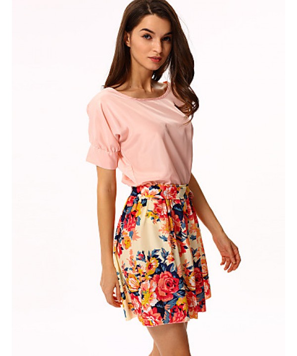 Women's White/Pink Round Flower Print Chiffon Short Sleeve Dress