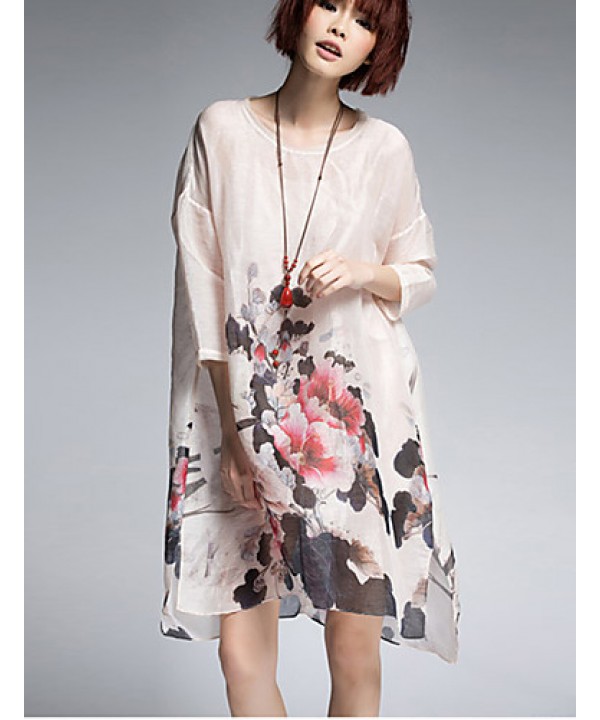 Women's Vintage Floral Loose Dress,Round Neck Asymmetrical Silk / Linen