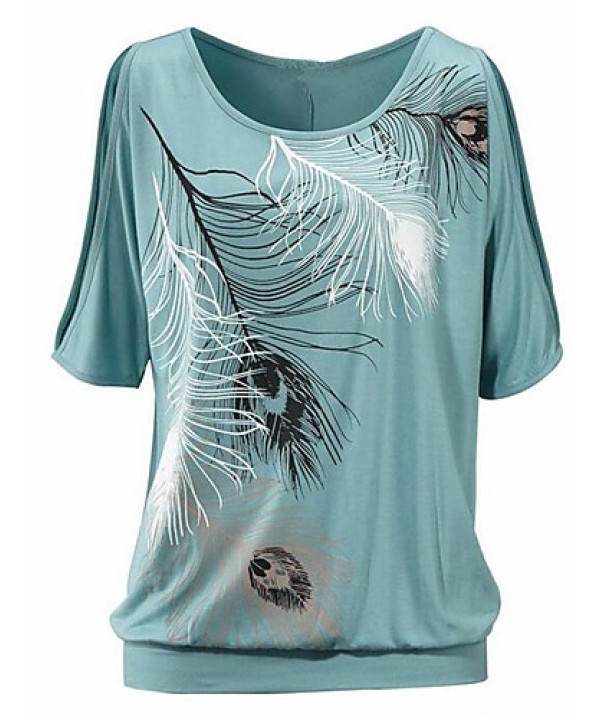 Women's Print Off-The-Shoulder All Match Hollow Out T-shirt,Round Neck Batwing Sleeve Short Sleeve