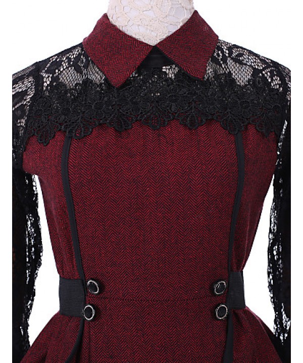 Women's Patchwork Red / Gray Lace Hin Thin Slim Temperament Dress , Work / Plus Sizes Shirt Collar Long Sleeve