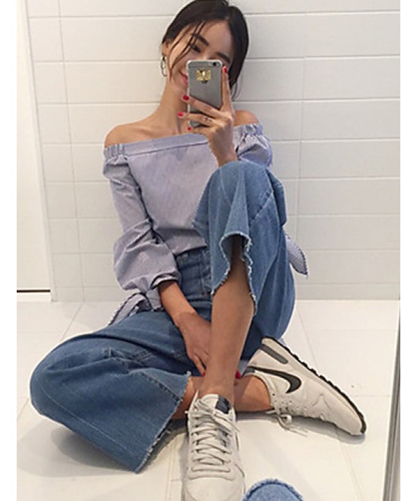 Women's Casual/Daily Sexy / Street chic Summer Blouse,Striped Boat Neck Long Sleeve Blue Cotton Thin