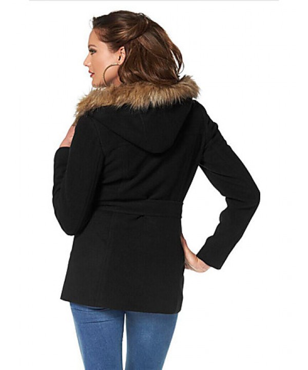 Women's Casual/Daily Vintage Coat,Solid Hooded Long Sleeve Winter Black Rayon Opaque