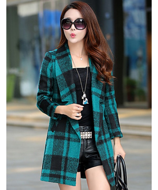 Women's Casual/Daily Simple Coat,Print Shirt Collar Long Sleeve Winter Blue / Red / Black Acrylic Thick