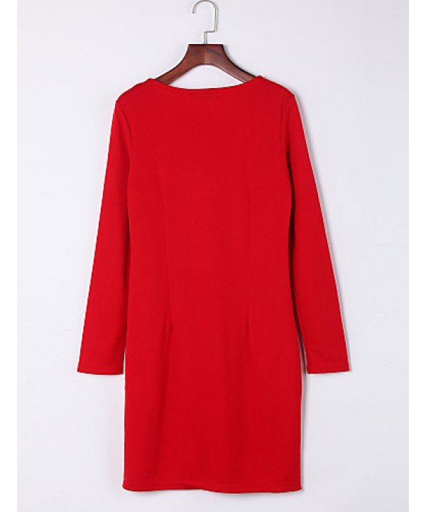 Women's Work / Plus Size Dress,Solid Round Neck Mini Long Sleeve Red / Beige Polyester Summer