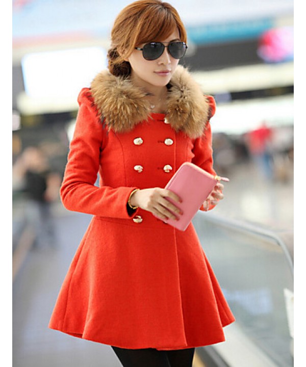 Women's Vintage Coat,Solid Shirt Collar Long Sleeve Winter Red / Black / Orange Wool / Others Thick