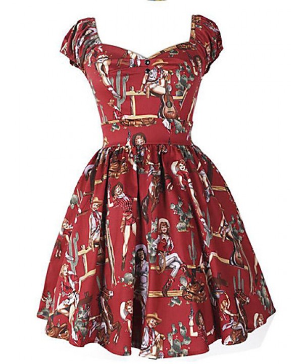 Women's Going out Vintage A Line Dress,Print Square Neck Above Knee Short Sleeve Pink / Red / Black / Green Polyester Summer