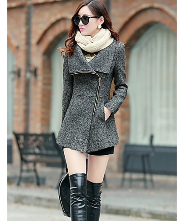 Women's Coat,Solid Long Sleeve Winter Red / Gray Wool / Others Thick