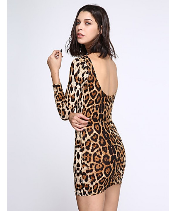 Women's Club Sexy Bodycon Dress,Leopard U Neck Mini Long Sleeve Brown Cotton / Modal / Spandex Summer Mid Rise Stretchy Opaque / Thin