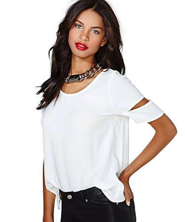 Women's Sexy Casual Cute Plus Sizes Inelastic Short Sleeve Regular Blouse (Chiffon)