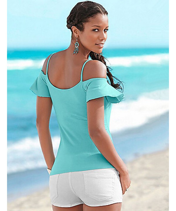 Women's Solid Off-The-Shoulder All Match Elegance Casual T-shirt,Strap Short Sleeve