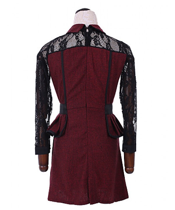 Women's Patchwork Red / Gray Lace Hin Thin Slim Temperament Dress , Work / Plus Sizes Shirt Collar Long Sleeve