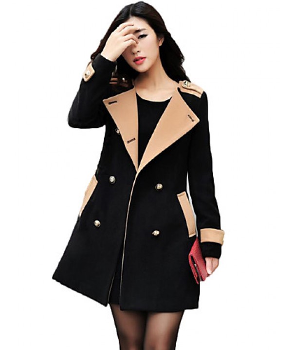 Women's Going out Street chic Coat,Color Block Round Neck Long Sleeve Winter Black / Brown Polyester Thick