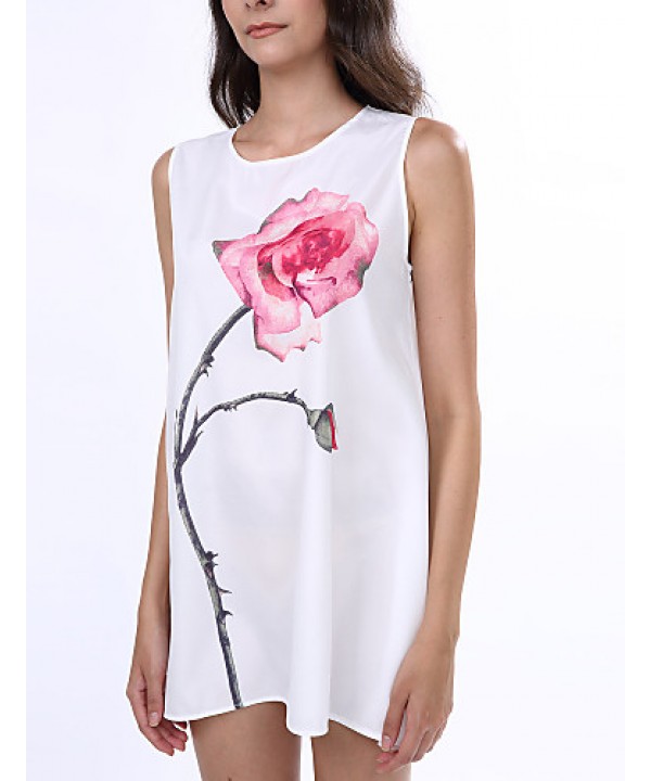 Women's Simple / Street chic Loose Dress,Floral Round Neck Above Knee Sleeveless White Polyester Summer