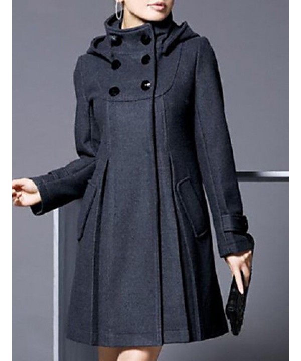 Women's Coat,Solid Long Sleeve Winter Blue / Pink / Black / Gray Wool / Cotton / Others Thick