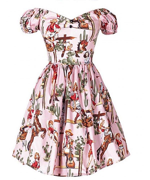 Women's Going out Vintage A Line Dress,Print Square Neck Above Knee Short Sleeve Pink / Red / Black / Green Polyester Summer