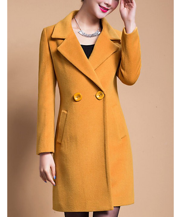 Women's Plus Size Coat,Solid Shirt Collar Long Sleeve Winter Blue / Black / Yellow Wool / Others Thick