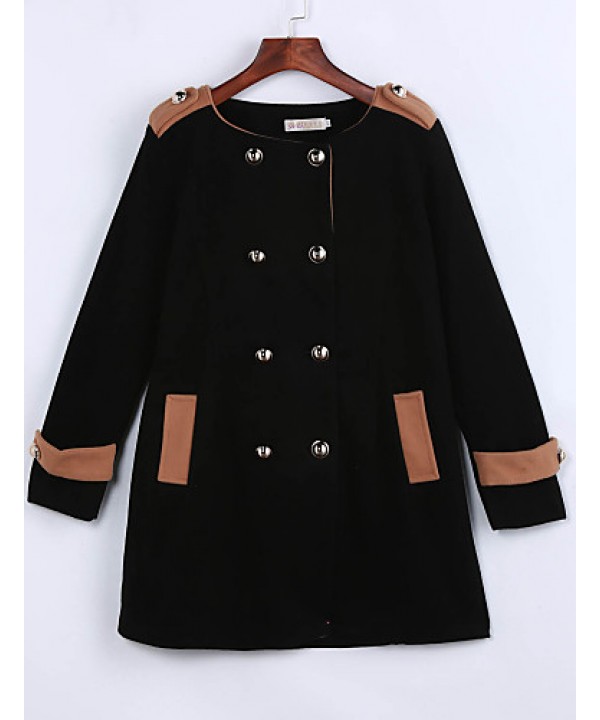 Women's Going out Street chic Coat,Color Block Round Neck Long Sleeve Winter Black / Brown Polyester Thick