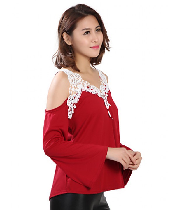 Women's Patchwork Lace Strap Off-The-Shoulder All Match Loose Casual V Neck Long Sleeve Plus Size T-shirt