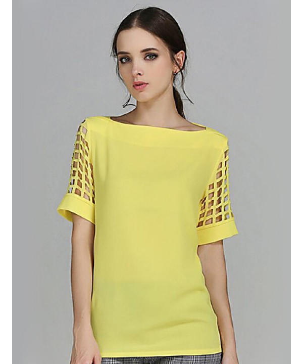 Women's Solid Yellow Blouse,Boat Neck Short Sleeve