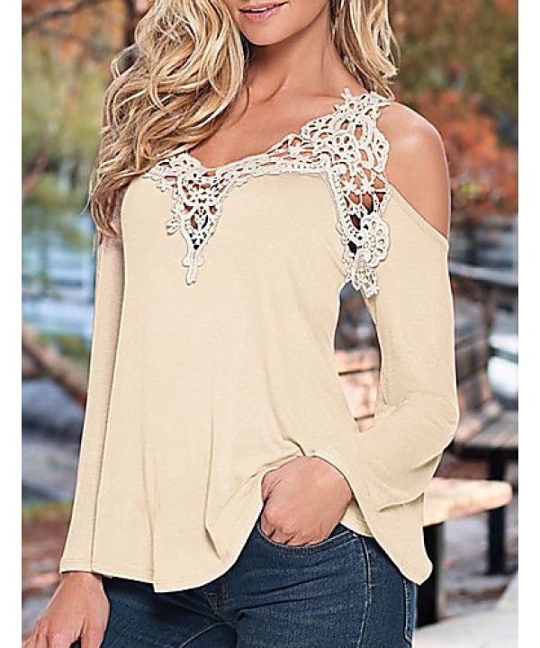 Women's Patchwork Lace Strap Off-The-Shoulder All Match Loose Casual V Neck Long Sleeve Plus Size T-shirt