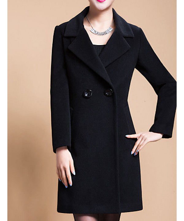 Women's Plus Size Coat,Solid Shirt Collar Long Sleeve Winter Blue / Black / Yellow Wool / Others Thick